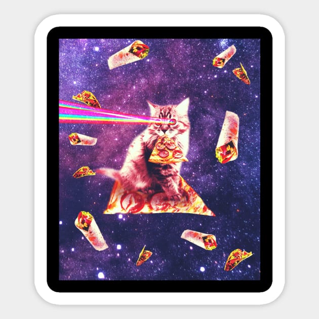 Space Cat Eating Pizza - Rainbow Laser Eyes, Burrito Sticker by Random Galaxy